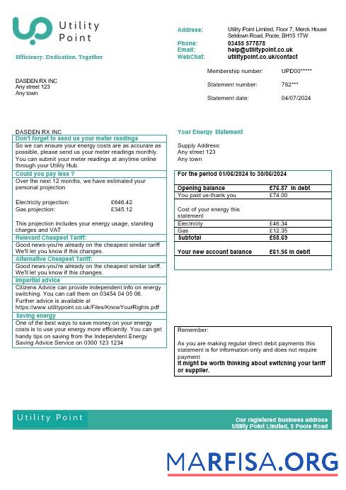 Realistic United Kingdom Utility Point business utility bill template in Word and PDF formats